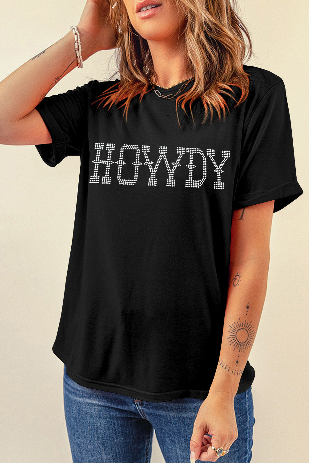 Black HOWDY Rhinestone  Crew Neck T Shirt