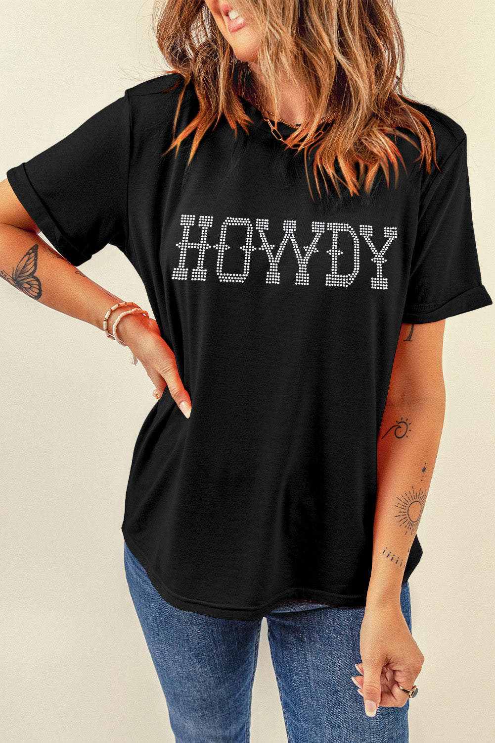 Black HOWDY Rhinestone  Crew Neck T Shirt