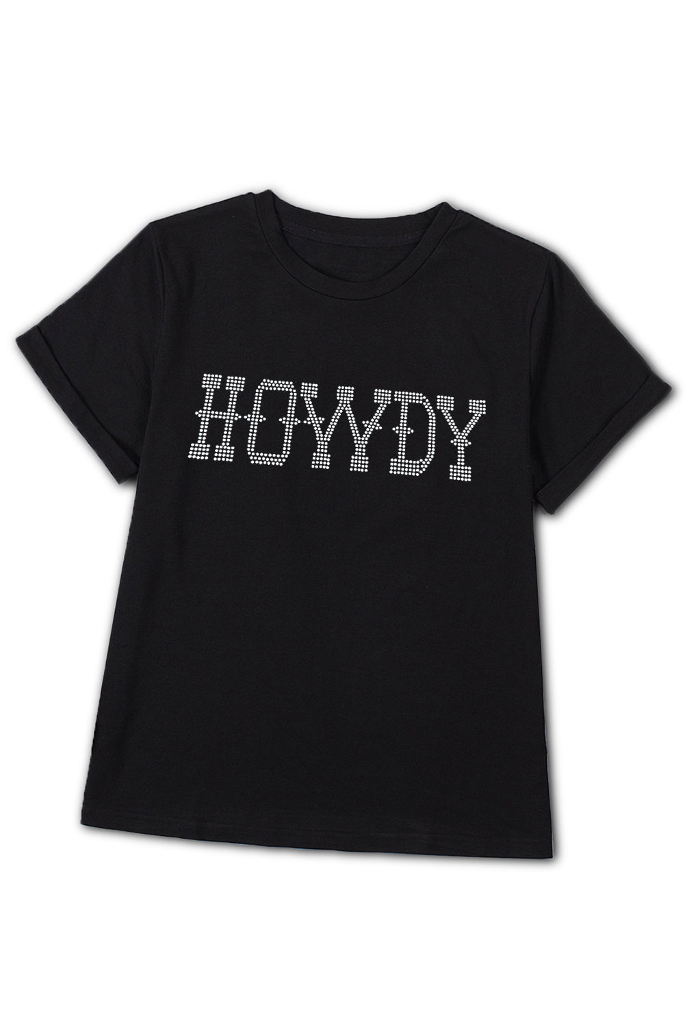 Black HOWDY Rhinestone  Crew Neck T Shirt