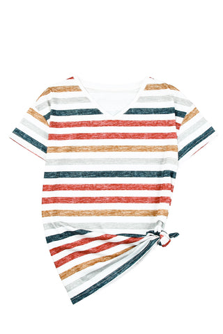 CLEARANCE Multicolor Stripes Print Short Sleeve Casual V Neck T Shirt