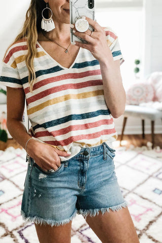 CLEARANCE Multicolor Stripes Print Short Sleeve Casual V Neck T Shirt