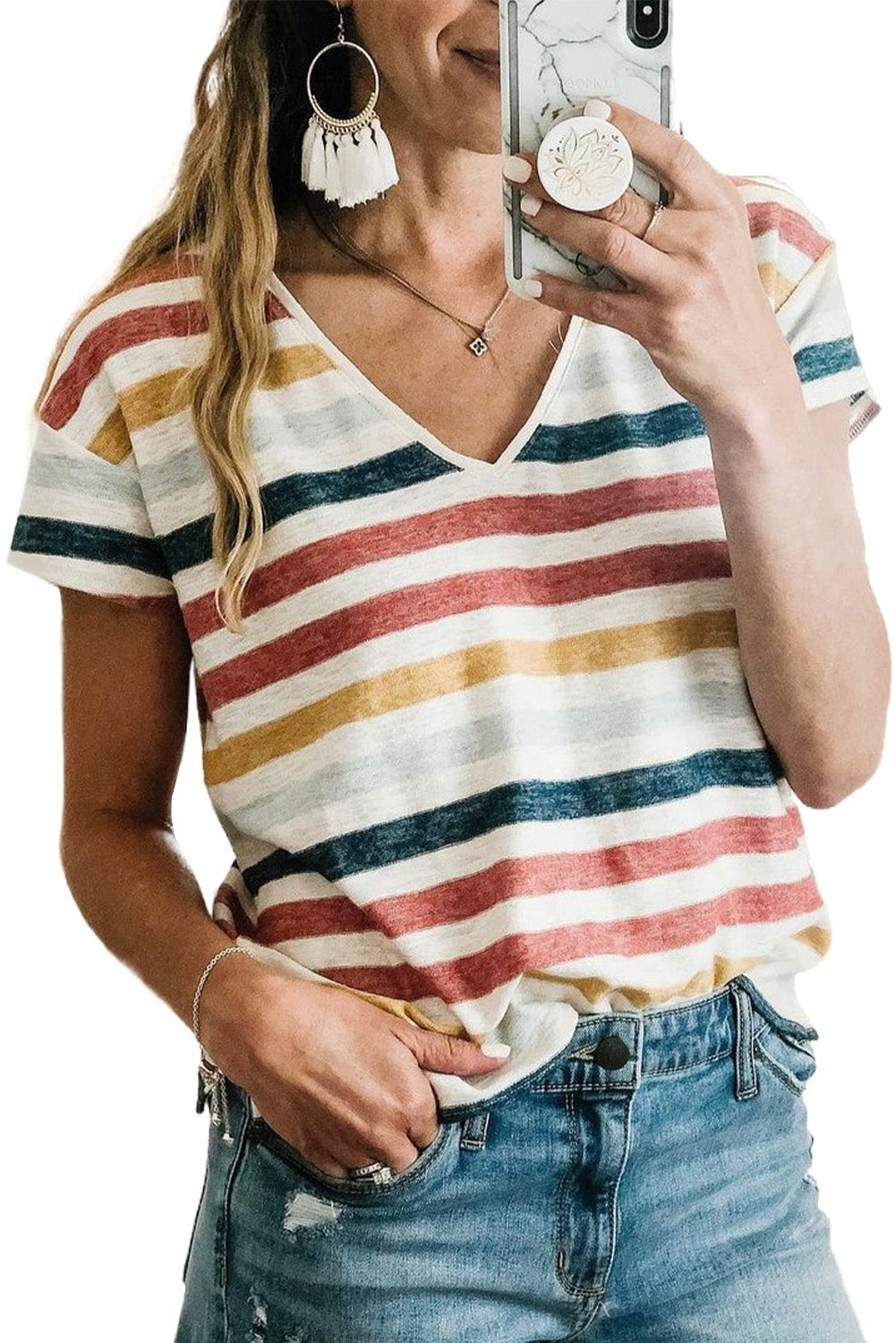 Multicolor Stripes Print Short Sleeve Casual V Neck T Shirt