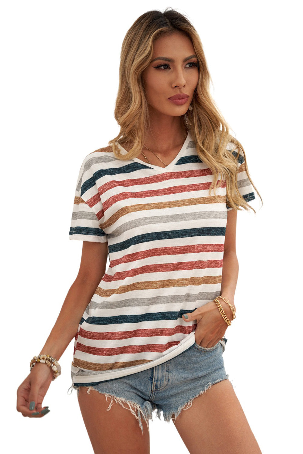 Multicolor Stripes Print Short Sleeve Casual V Neck T Shirt