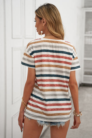 CLEARANCE Multicolor Stripes Print Short Sleeve Casual V Neck T Shirt