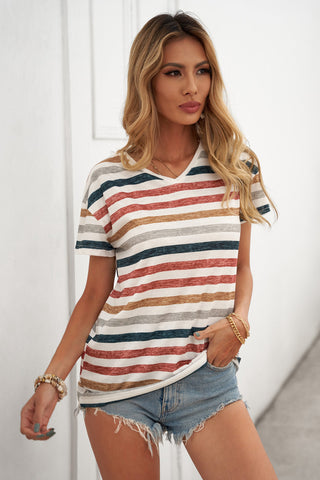 CLEARANCE Multicolor Stripes Print Short Sleeve Casual V Neck T Shirt