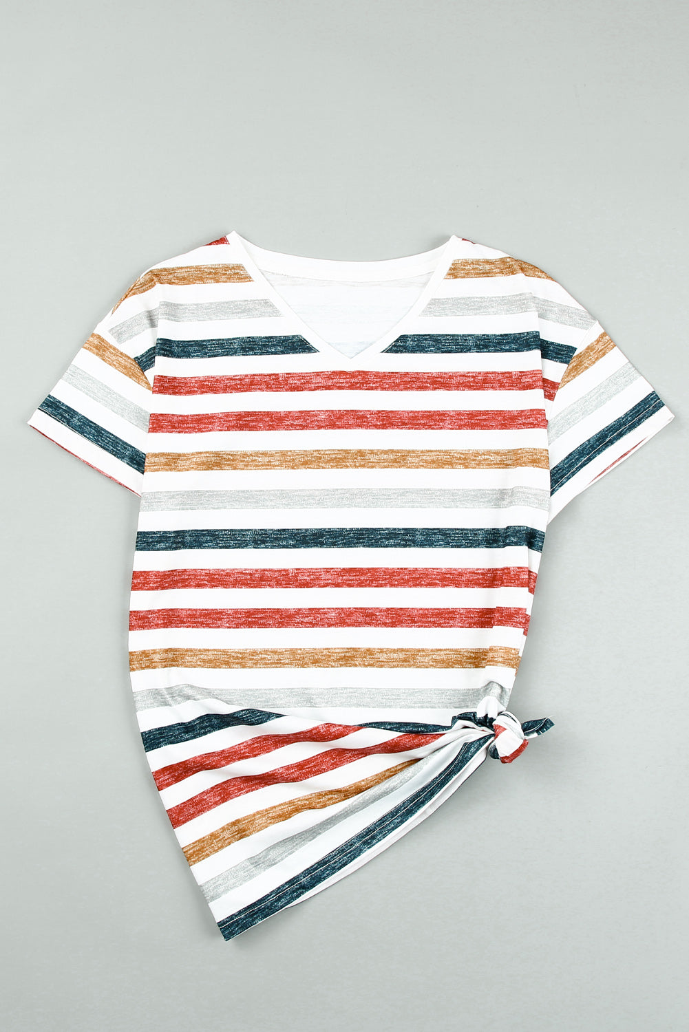 Multicolor Stripes Print Short Sleeve Casual V Neck T Shirt