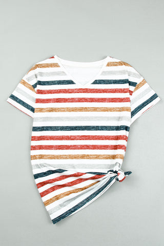 CLEARANCE Multicolor Stripes Print Short Sleeve Casual V Neck T Shirt