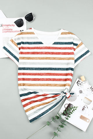 CLEARANCE Multicolor Stripes Print Short Sleeve Casual V Neck T Shirt