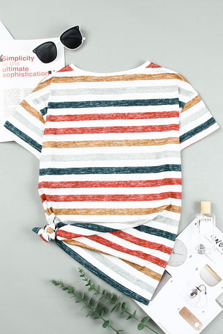 CLEARANCE Multicolor Stripes Print Short Sleeve Casual V Neck T Shirt