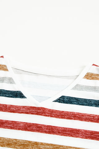 CLEARANCE Multicolor Stripes Print Short Sleeve Casual V Neck T Shirt
