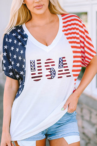 CLEARANCE White USA Flag Sequin Patchwork Color Bock T Shirt