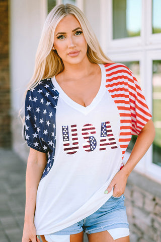 CLEARANCE White USA Flag Sequin Patchwork Color Bock T Shirt