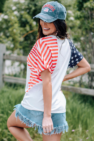 CLEARANCE White USA Flag Sequin Patchwork Color Bock T Shirt