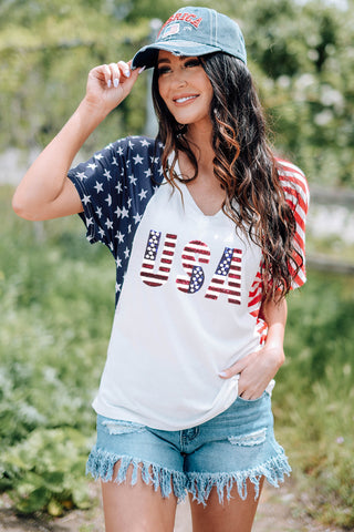 CLEARANCE White USA Flag Sequin Patchwork Color Bock T Shirt