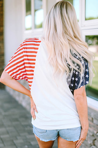 CLEARANCE White USA Flag Sequin Patchwork Color Bock T Shirt