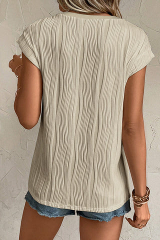 Beige Wavy Textured Button V Neck Tee