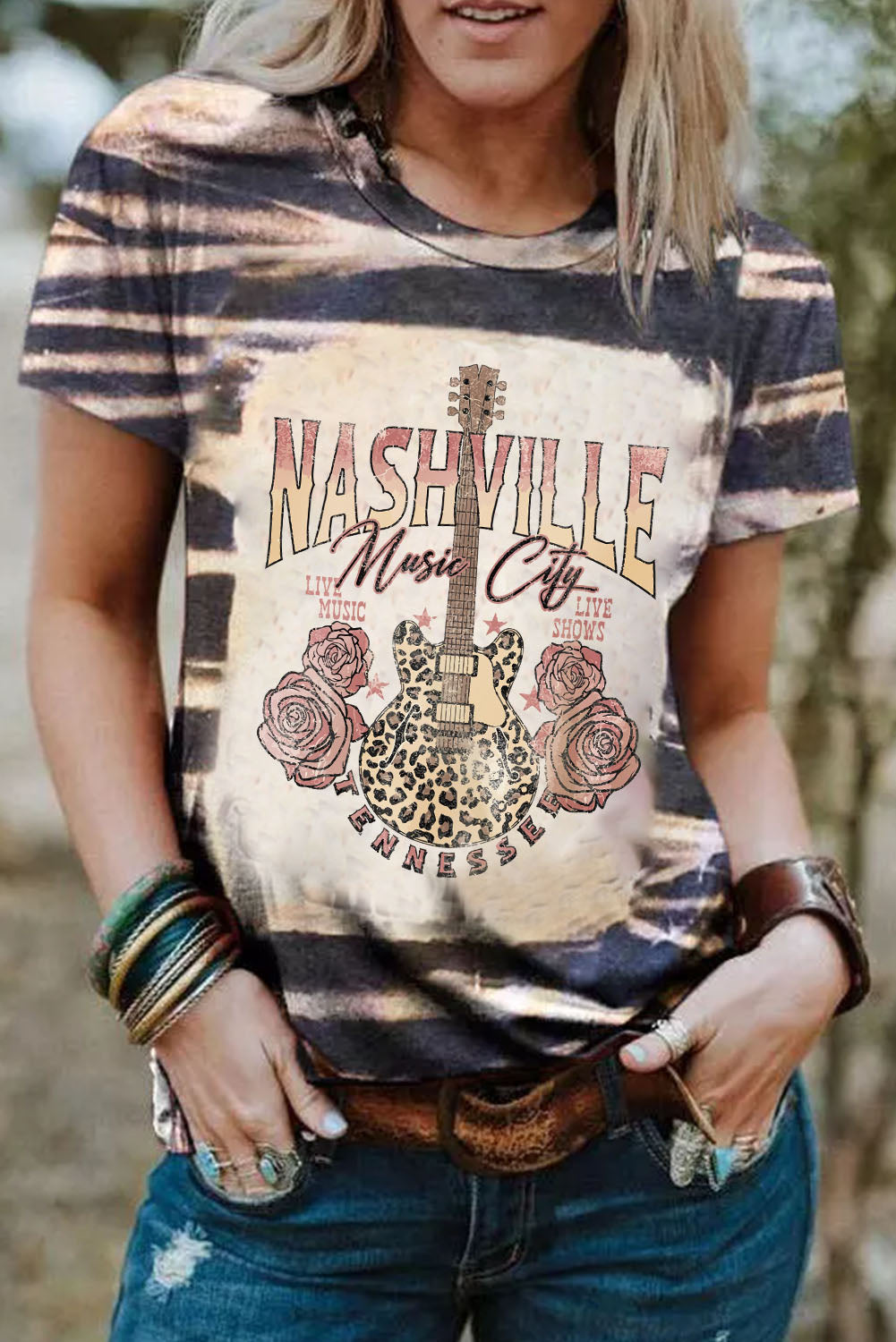 Blue Vintange Stripe Bleached NASHVILLE Guitar Graphic Tee