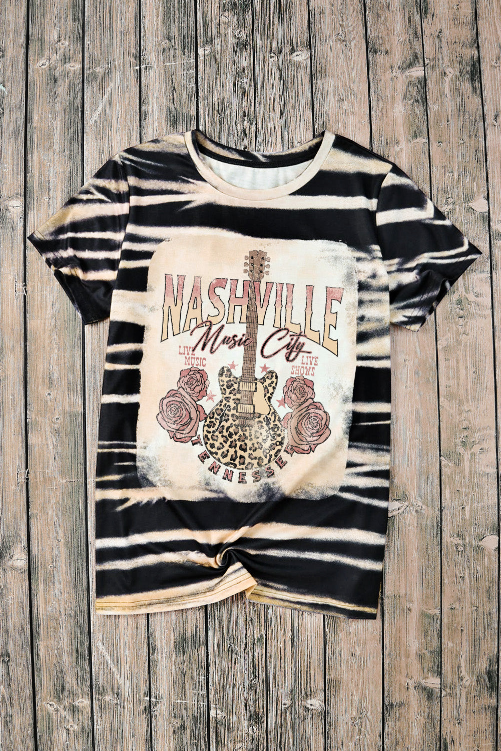 Blue Vintange Stripe Bleached NASHVILLE Guitar Graphic Tee