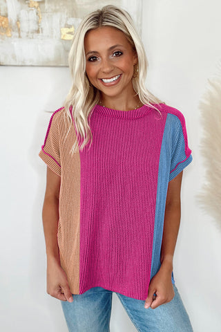 CLEARANCE Red Textured Colorblock Crew Neck T Shirt