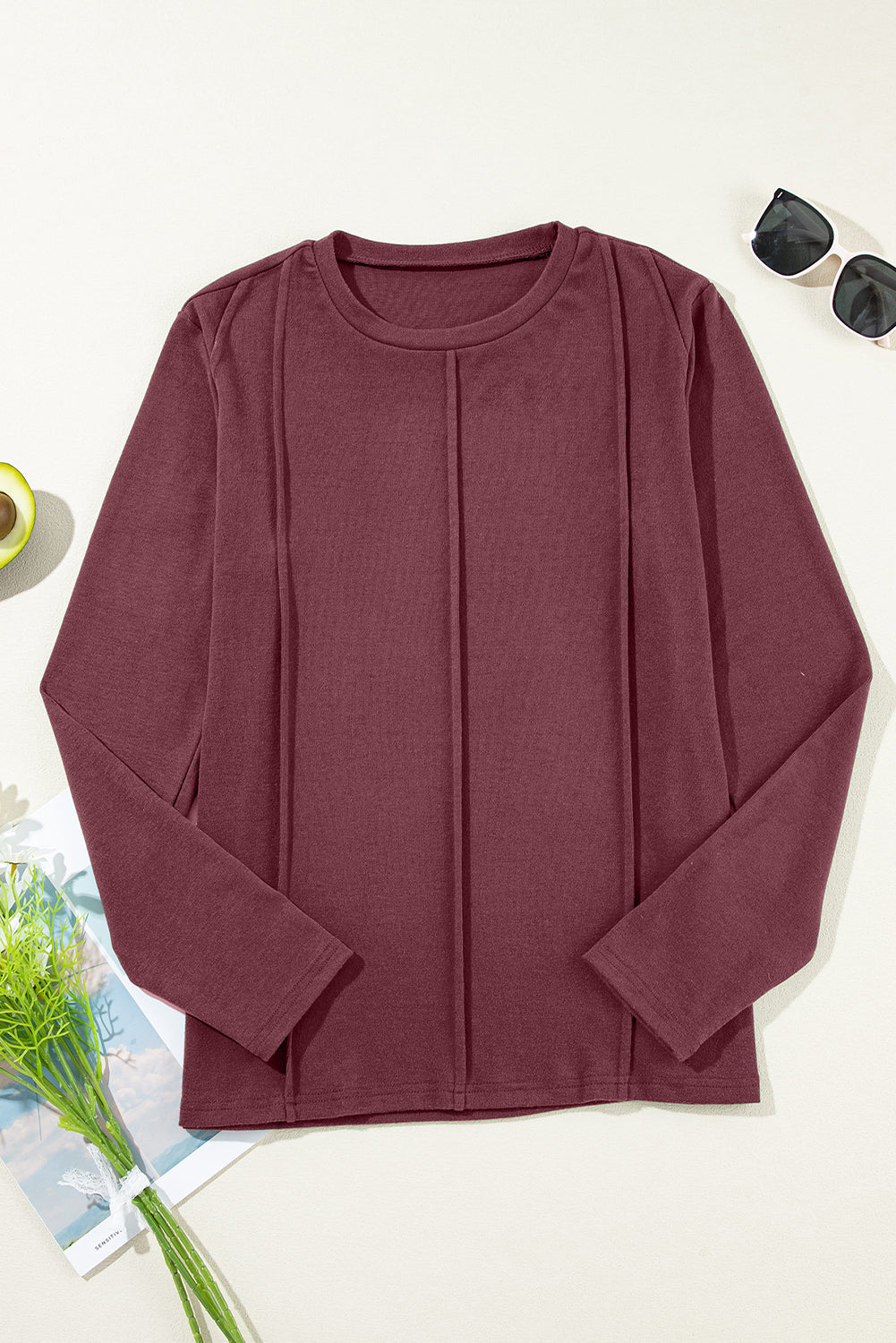 Red Dahlia Solid Exposed Seam Crew Neck Long Sleeve Top