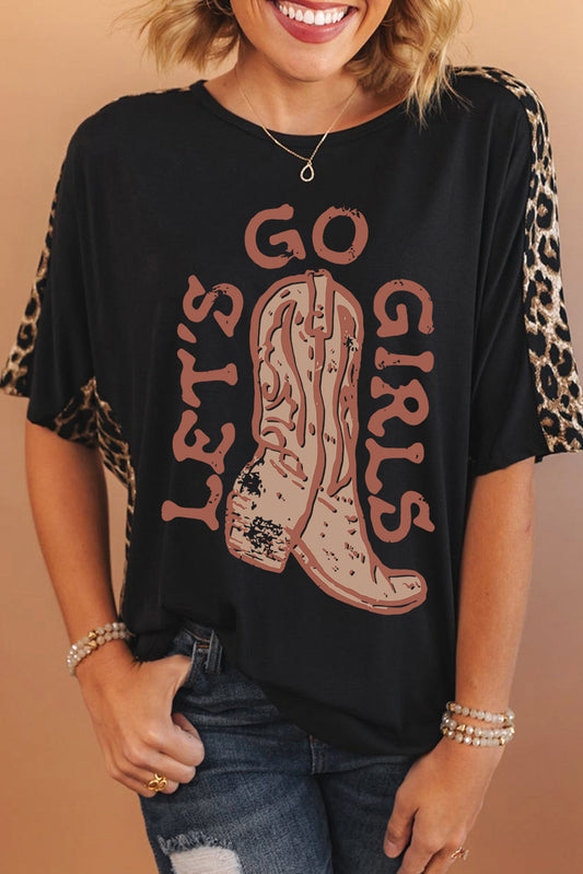 Black Western Boots Slogan Print Leopard Patchwork T Shirt