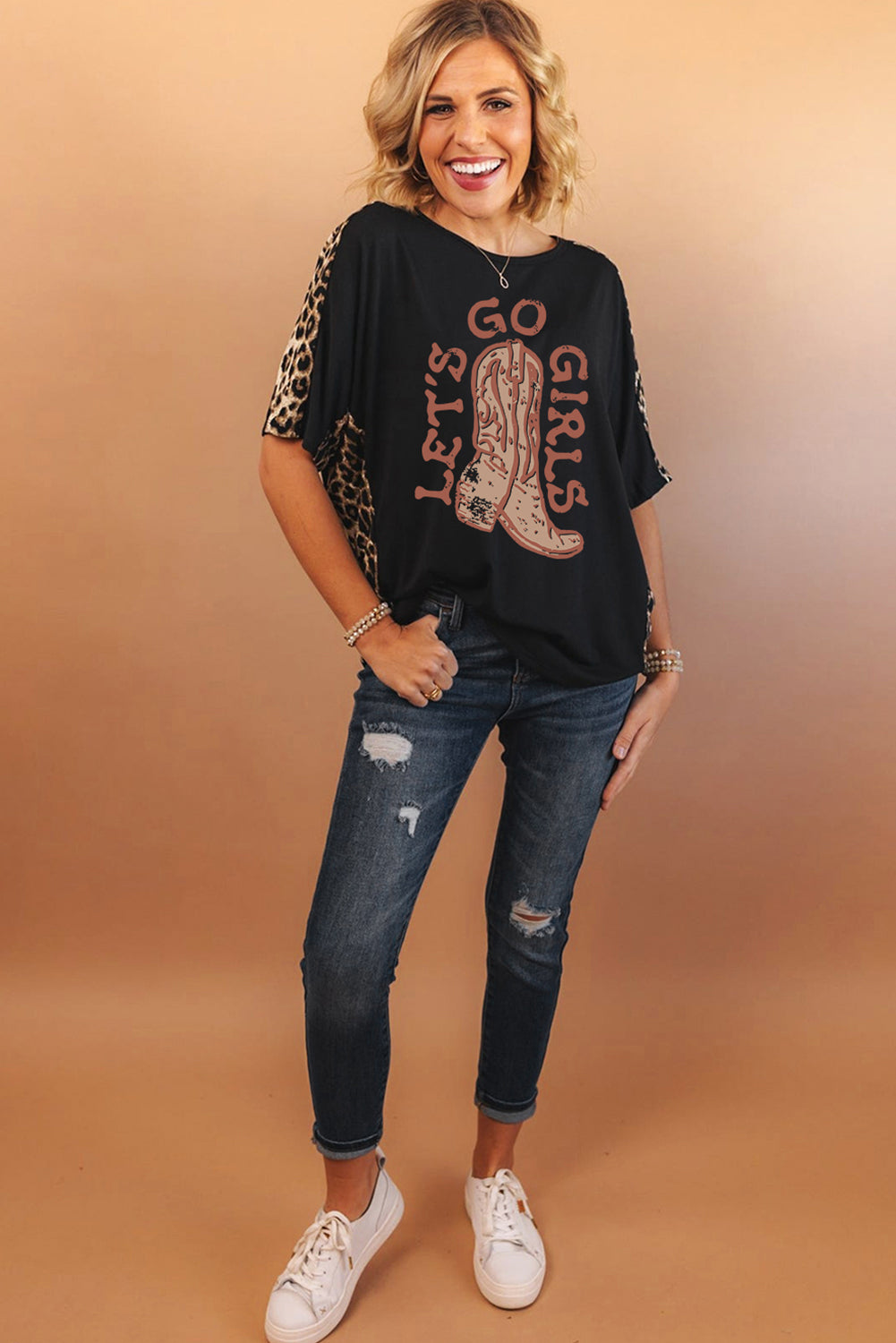 Black Western Boots Slogan Print Leopard Patchwork T Shirt