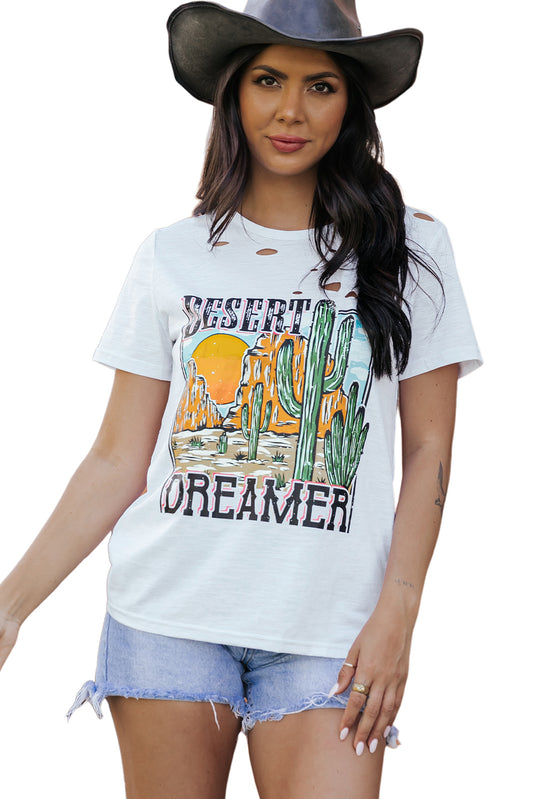 White DESERT DREAMER Western Cactus Print Ripped T Shirt