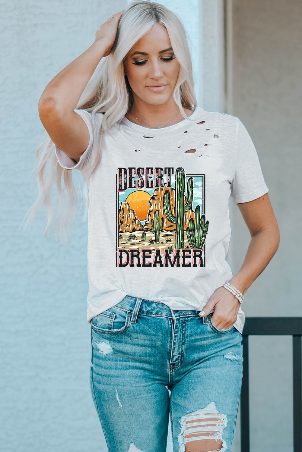 White DESERT DREAMER Western Cactus Print Ripped T Shirt