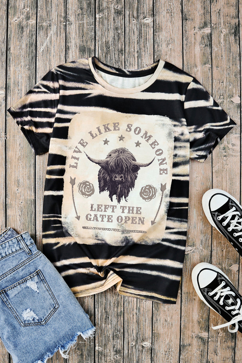 Blue Western Cow Striped Tie Dye Print Round Neck T Shirt