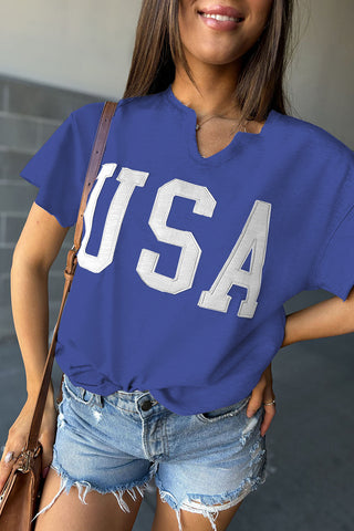 CLEARANCE Dark Blue USA Lettering Patch Notched Neck Loose Tee