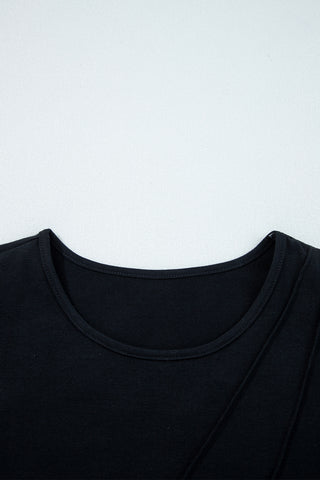Black Asymmetric Seam Detail Solid Color Long Sleeve Top