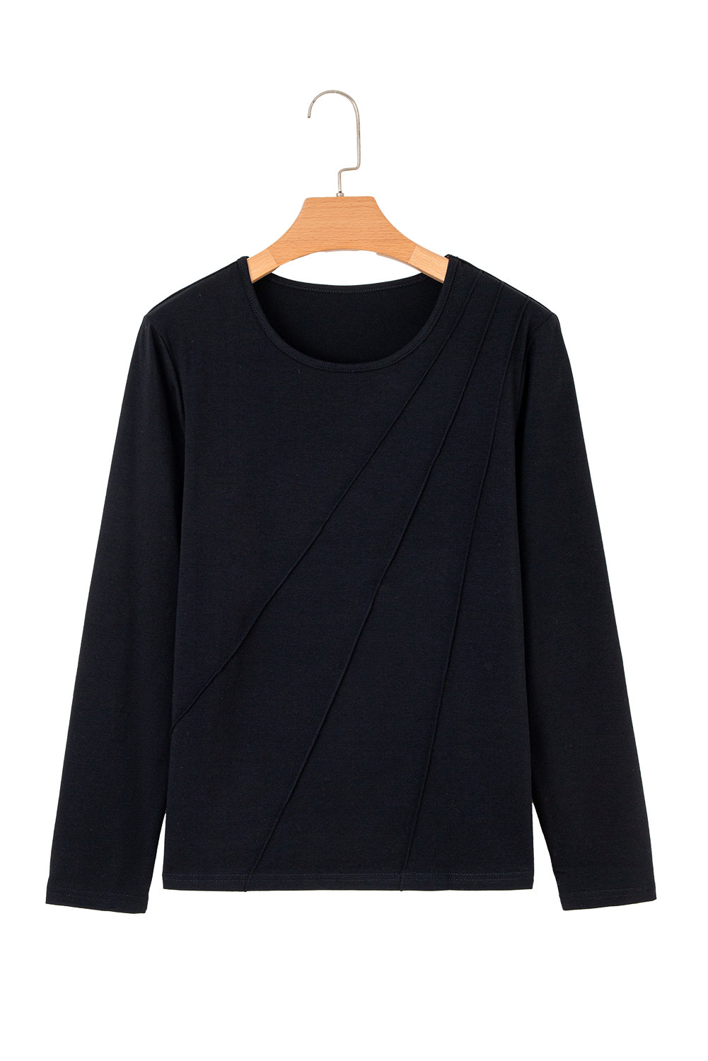 Black Asymmetric Seam Detail Solid Color Long Sleeve Top