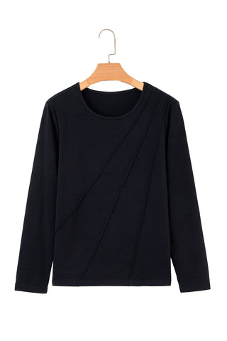 Black Asymmetric Seam Detail Solid Color Long Sleeve Top