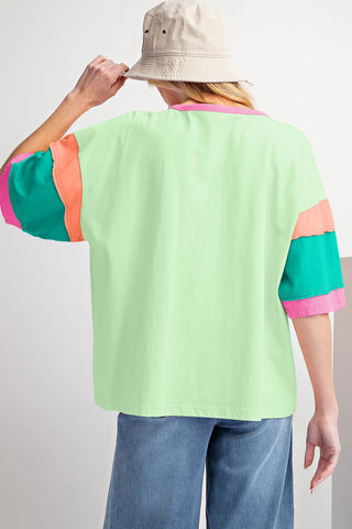 CLEARANCE Green Color Block Stitching Sleeve Round Neck Oversize Top