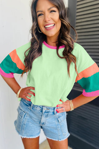 CLEARANCE Green Color Block Stitching Sleeve Round Neck Oversize Top