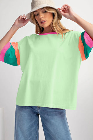 CLEARANCE Green Color Block Stitching Sleeve Round Neck Oversize Top