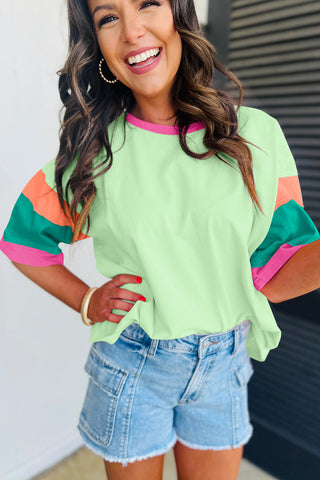 CLEARANCE Green Color Block Stitching Sleeve Round Neck Oversize Top