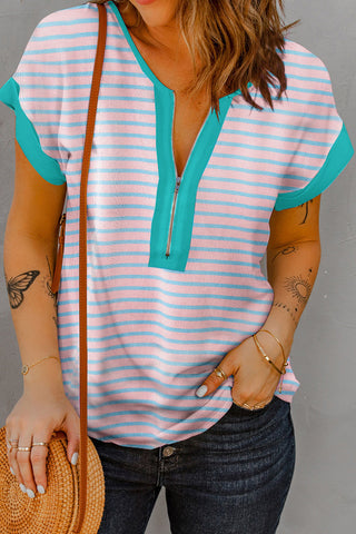 CLEARANCE Stripe Contrast Trim Half Zip T Shirt