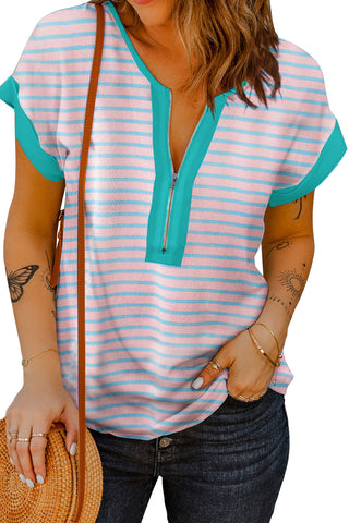 CLEARANCE Stripe Contrast Trim Half Zip T Shirt