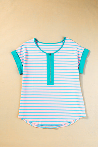 CLEARANCE Stripe Contrast Trim Half Zip T Shirt