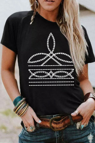 Black Western Pattern Print boot stitch Slim Fit Crew Neck T Shirt