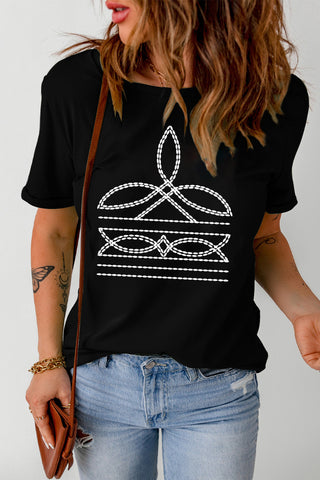 Black Western Pattern Print boot stitch Slim Fit Crew Neck T Shirt
