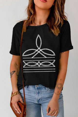 Black Western Pattern Print boot stitch Slim Fit Crew Neck T Shirt