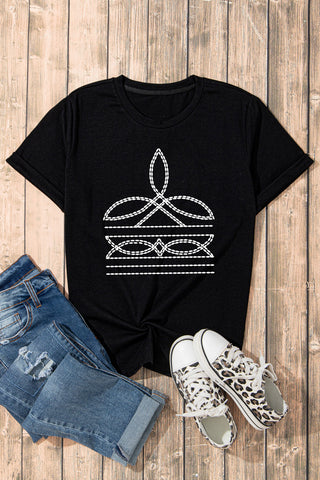 Black Western Pattern Print boot stitch Slim Fit Crew Neck T Shirt