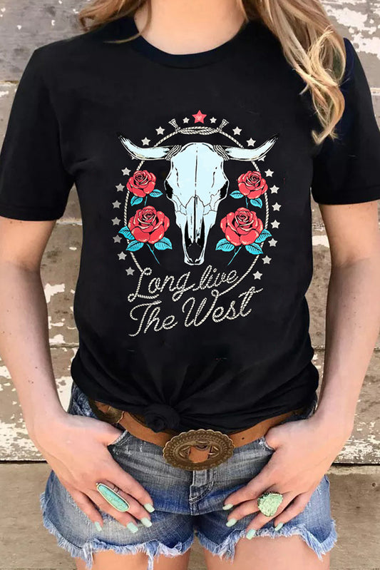 Black Long Live The West Floral Steer Head Graphic Tee