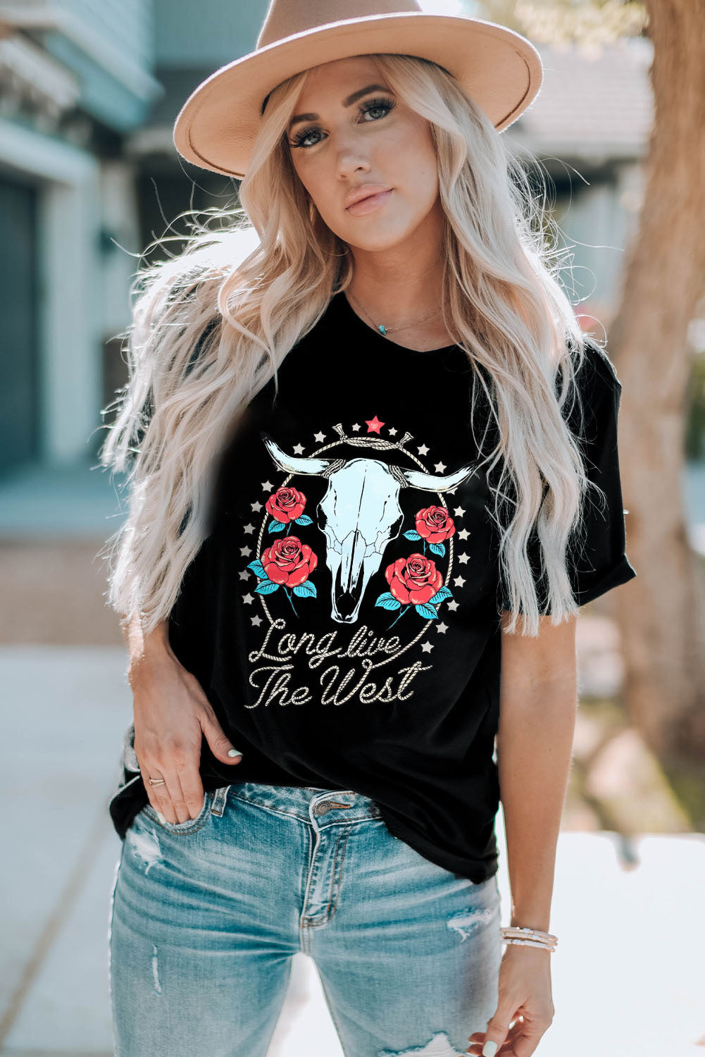 Black Long Live The West Floral Steer Head Graphic Tee