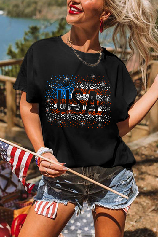Black Rhinestone America Flag USA 4th of July Graphic T Shirt