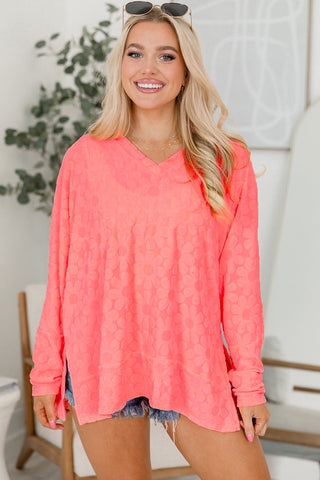 CLEARANCE Apricot Pink Oversized Floral Jacquard V Neck Long Sleeve Top