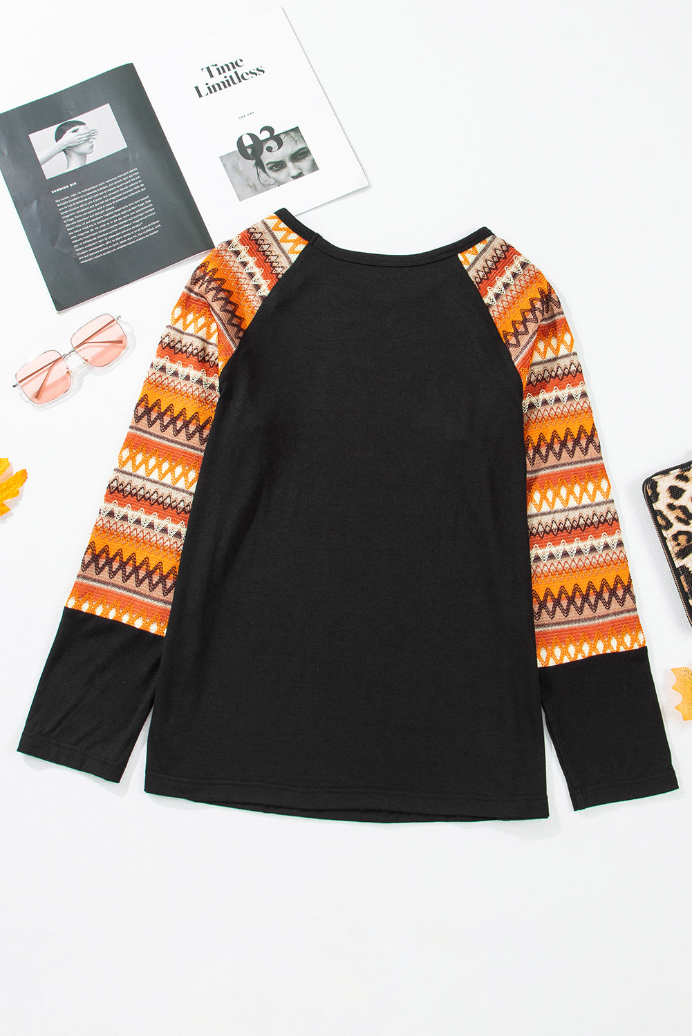 Orange Geo Print Raglan Patchwork Long Sleeve Tee