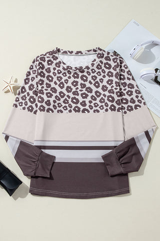 Brown Leopard Striped Color Block Long Sleeve Top